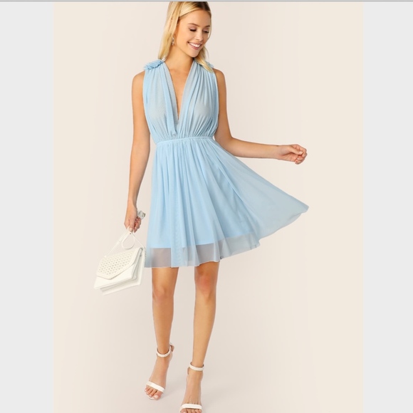 Mesh Detail Fit and Flare Sky Blue Mini Dress - Picture 4 of 8